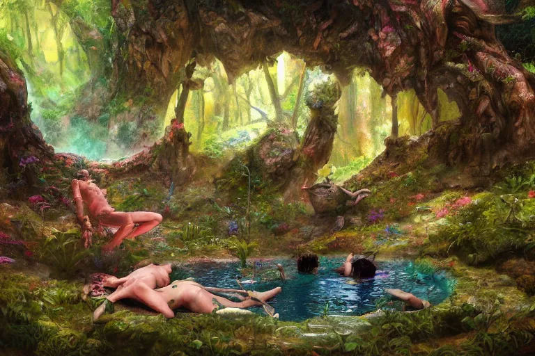 Prompt: a human lizard finding a colorful hotspring deep in the forest, oil painting, highly detailed, medieval fantasy, featured on artstation