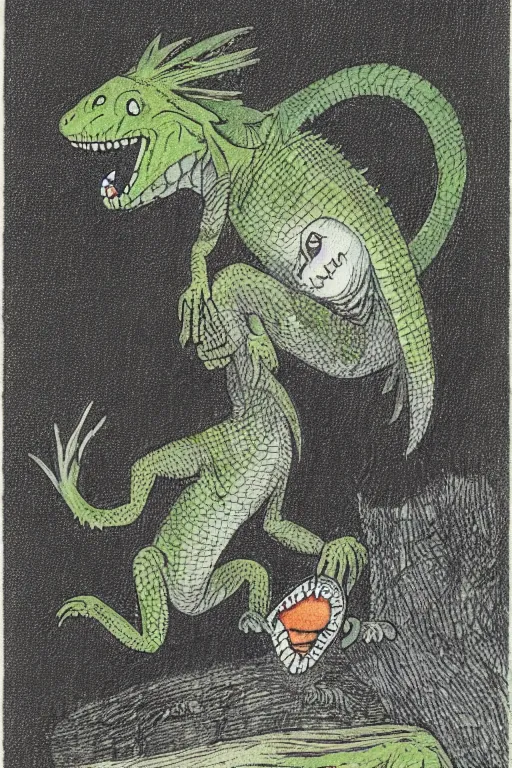 Prompt: an angry lizard, by maurice sendak