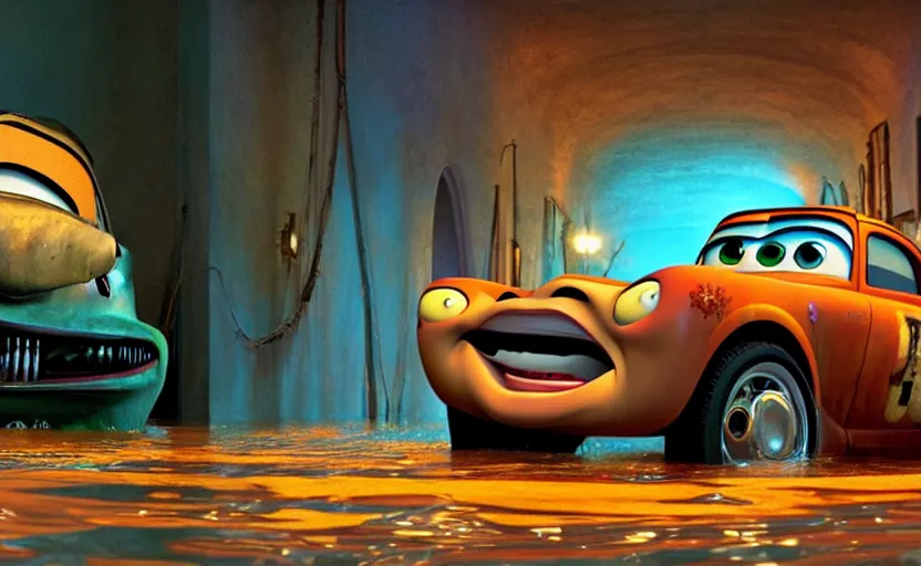Image similar to mater from cars in a flooded fractal hallway, romance novel cover, in 1 9 9 5, y 2 k cybercore cutecore, low - light photography, still from a pixar movie
