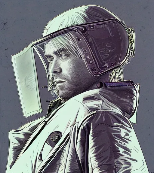 Image similar to Kurt Cobain with multiple digital patchwork faces, techwear, Industrial Scifi, detailed illustration, character portrait, by Martin Grip and Moebius