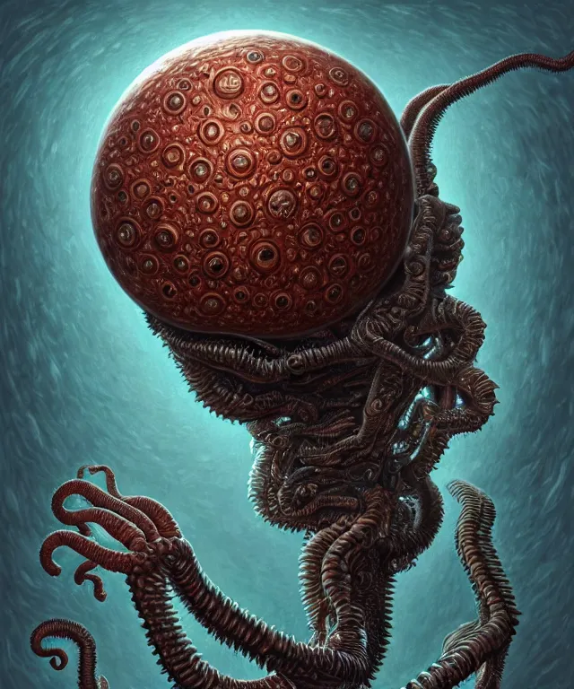 Image similar to hziulquoigmnzhah, head dangling underneath body!!!!, spherical body, elongated arms, short legs, lovecraftian horror!, surrealism, fantasy, intricate, elegant, highly detailed, digital painting, artstation, concept art, matte, sharp focus, illustration, art by keith thompson and christopher lane