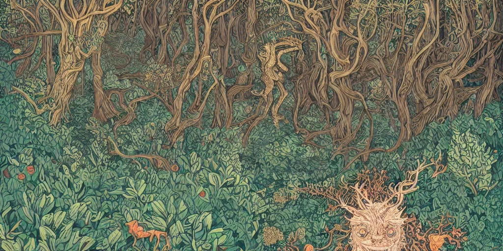 Image similar to detailed illustration of a of a monster in an ornate forest by victo ngai