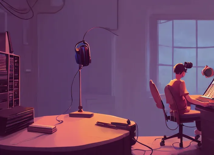 Image similar to man with headphones at his home studio producing music late at night, very detailed, 4 k, cory loftis, james gilleard, atey ghailan, makoto shinkai, goro fujita, studio ghibli, rim light, exquisite lighting, clear focus, very coherent