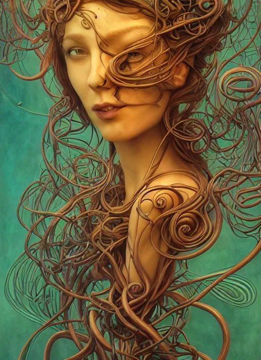 Image similar to medusa, subsurface scattering, wooden art nouveau swirls, strong subsurface scattering, cables, tubes, subsurface scattering, in the style of james jean and tomasz alen kopera and beeple, subsurface scattering, mystical colors, rim light, soft lighting, 8 k, stunning scene, raytracing, octane render, trending on artstation