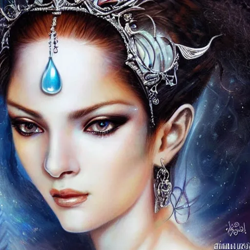 Image similar to a beautiful woman wearing a white dress made of silver with jewelry and diamonds by karol bak, ayami kojima, sakimichan, arabian beauty, blue eyes, smile, concept art, fantasy