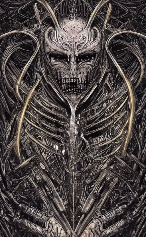 Image similar to H.R. Giger and Elden Ring themed painting of ancient hybrid majestic aztec warrioor fantasy biomechanical human beautiful angel symmetrical face angry mask closeup face mask tattoo pattern golden ratio concept, deep forest psytrance Neo-Gothic concept, infinity glyph waves, intricate artwork masterpiece, very coherent artwork, cinematic, full frontal facial features by Artgerm, Takato Yamamoto, Zdizslaw Beksinski, Johnatan Wayshak, Moebius, Ayami Kojima, very coherent artwork, trending on cgsociety, ultra high quality model, production quality cinema model, high detail chromatic ink outline, octane render, unreal engine 8k, hyper realism, high detail, octane render, unreal engine, 8k, High contrast