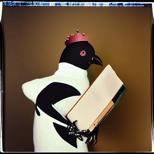 Image similar to close - up, photo of a humanoid magpie kenku wearing a chess hoodie, holding a vinyl record, 9 0 - s, polaroid photo, by warhol,