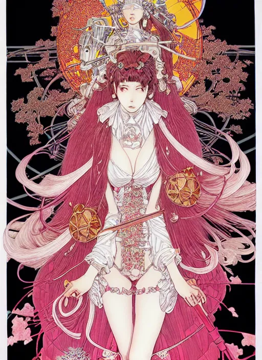 Image similar to highly detailed artstation katsuhiro otomo fluorescent fantastic fate manga poster of princess mechine, minaba hideo, takato yamamoto, long hair, armor, laces, ruffles, 8 k, maximalist, art nouveau,