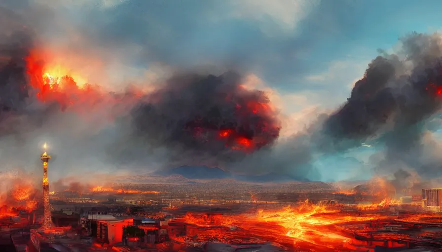 Image similar to Digital painting of Las Vegas on fire destroyed by a nuclear explosion, wide angle, volumetric light, hyperdetailed, artstation, cgsociety, 8k