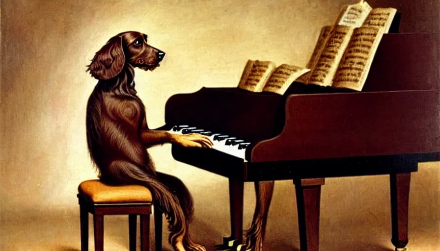 Prompt: a brown Spaniel playing piano. Artwork, classic, famous, style of Cassius Marcellus Coolidge.