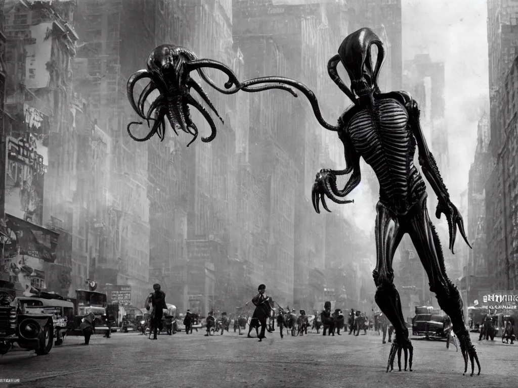 Prompt: old black and white photo, 1 9 1 2, depicting a xenomorph from the movie aliens rampaging through the bustling streets of new york city, historical record, history channel,