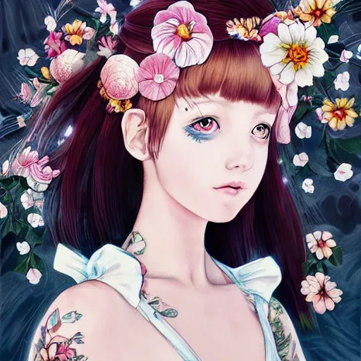 Image similar to tattooed little girl with flowers in hair wearing an white dress. art by ilya kuvshinov, profile picture, inspired in hirohiko araki, highly detailed, 8 0 s anime art style, realistic, vogue cover