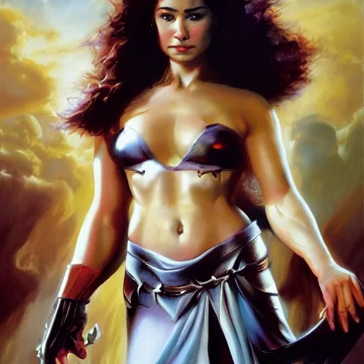 Prompt: Emilia Clark warrior princess by boris vallejo