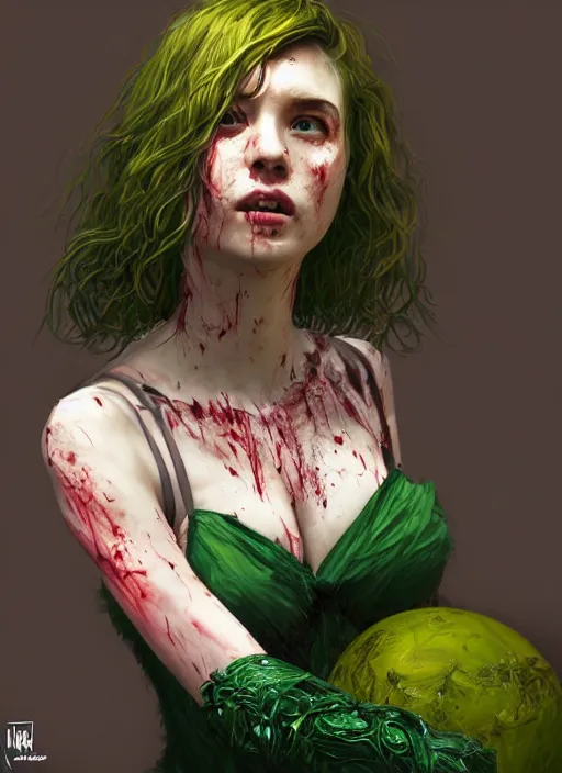 Prompt: portrait of terrified! green ball gown young woman, bloodied, emerald pendant!!! au naturel, hyper detailed, digital art, trending in artstation, cinematic lighting, studio quality, smooth render, unreal engine 5 rendered, octane rendered, art style by klimt and nixeu and ian sprigger and wlop and krenz cushart