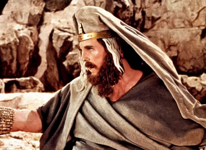 Image similar to film still of Christian Bale as Moses in The Ten Commandments 1956