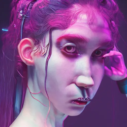 Prompt: grimes [ performing live ecstatically ]!! onstage, volumetric neon lights in the background, gleaming, 3 5 mm photography, portrait!!!!!!, trending on artstation, 4 k, 8 k, zbrush, mannerism