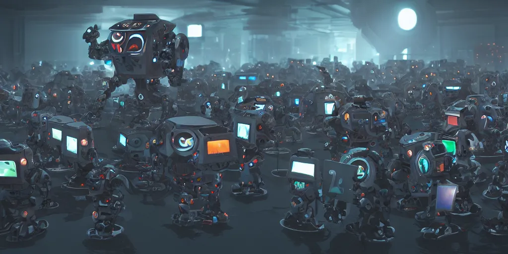 Image similar to an army of evil, malevolent, robot mechincal owls surrounded by computers and computer screens. this 4 k hd image is trending on artstation, featured on behance, well - rendered, extra crisp, features intricate detail and the style of unreal engine. volumetric lighting