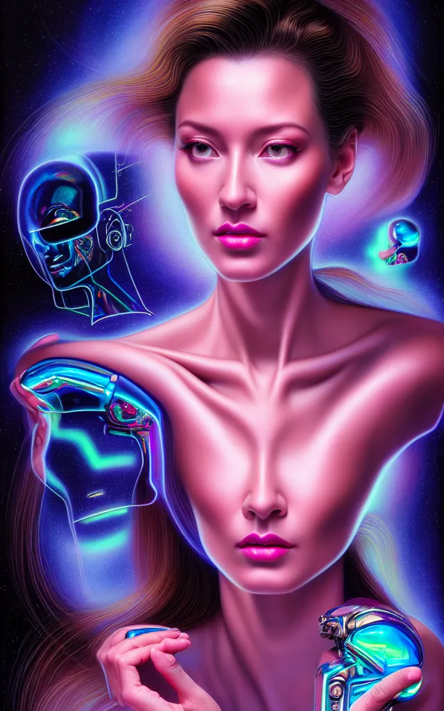 Prompt: beauty woman in holograms of alien artifacts, electrical case display, total recall tech, , ultrarealistic, dramatic lighting, electrical details, high details, 4k, 8k, best, accurate, trending on artstation, artstation, photorealism, ultrarealistic, digital painting, style of Tristan Eaton Stanley Artgerm and Hajime Sorayama, Caravaggio, Boris Vallejo