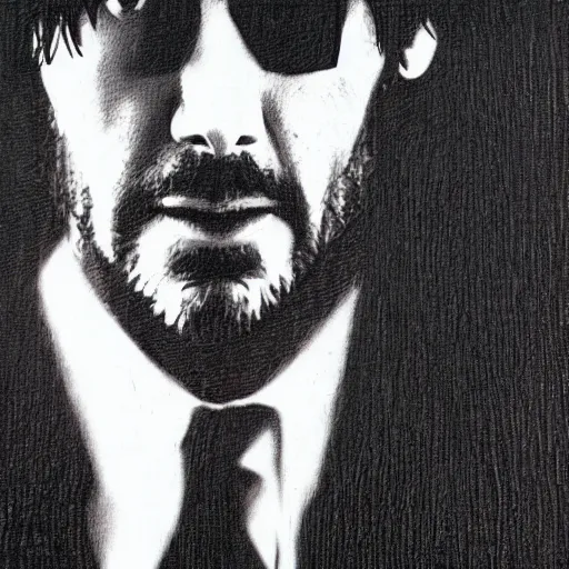 Image similar to keanu reeves in pulp fiction, etching, ultra realistic