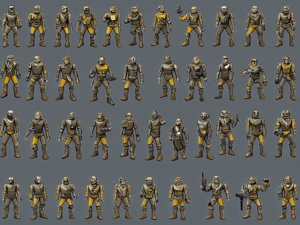 Prompt: isometric sprite sheet of detailed fallout power armor! holding gun, smooth, cell shaded, 8 k, gouache, kitbash, centered, solid background