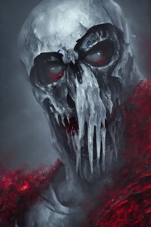 Image similar to the ghost - spirit of the grim - cryer wears the scarlet skull armor and blood crown, midnight fog - mist!, dark oil painting colors, realism, cinematic lighting, various refining methods, micro macro autofocus, ultra definition, award winning photo