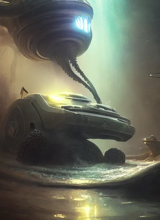 Image similar to jellyfish alien vehicle, sparks, ultra realistic, underwater temple, cinematic lighting, machines, highly detailed, sharp focus, artstation, masterpiece, art by greg rutkowski