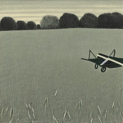 Image similar to a biplane flying low over a wheat field, by eric ravilious