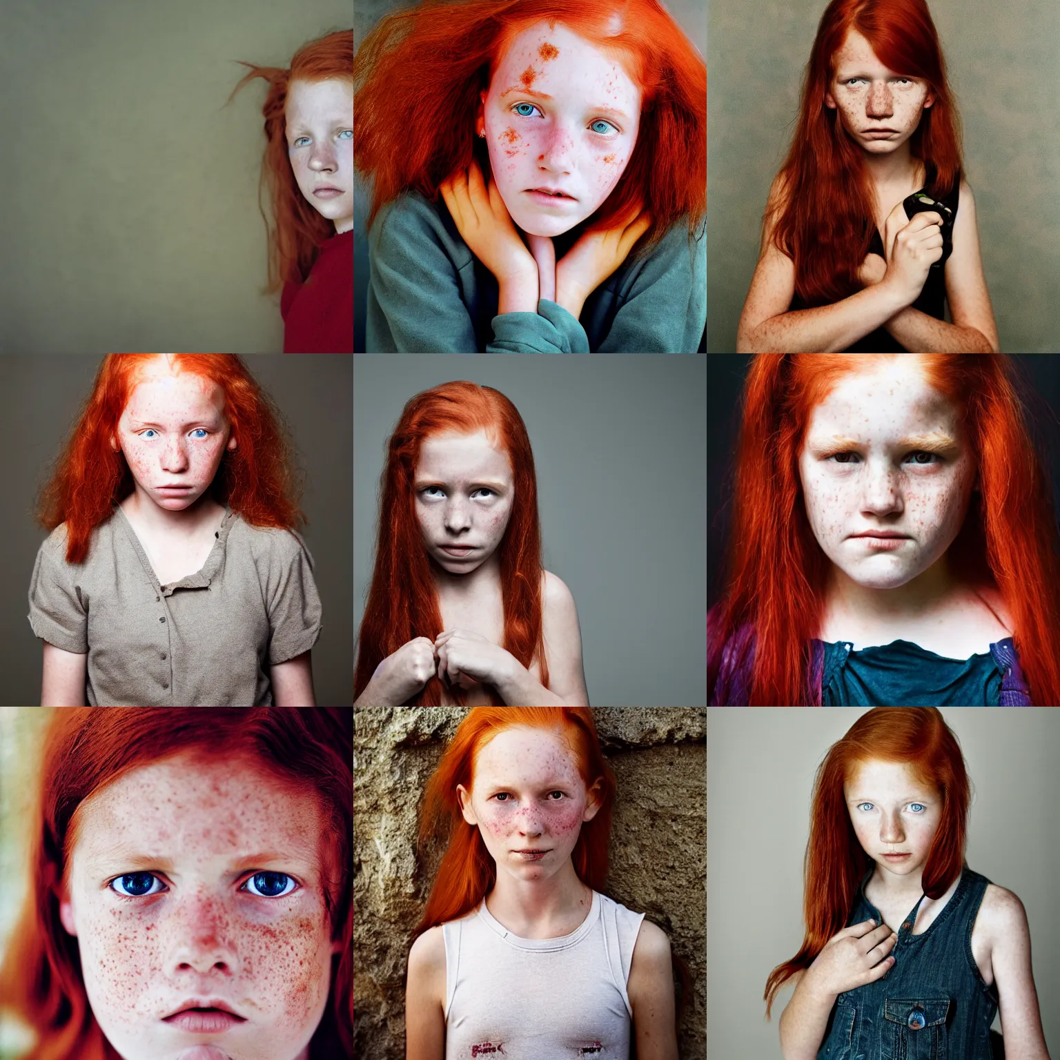Prompt: photograph of a serious ten year old girl by annie leibovitz red hair freckles