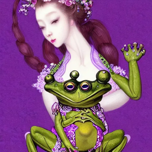 Image similar to cute purple female frog in enchanted rococo hanbok, full character, concept art, trending on artstation, in the style of alexander mcqueen, alexander jansson, jean - baptiste monge, george frederic watts