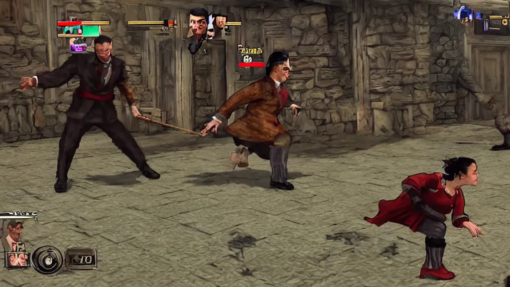 Prompt: mr bean fighting queen elizabeth in mortal kombat, video game, gameplay, screenshot