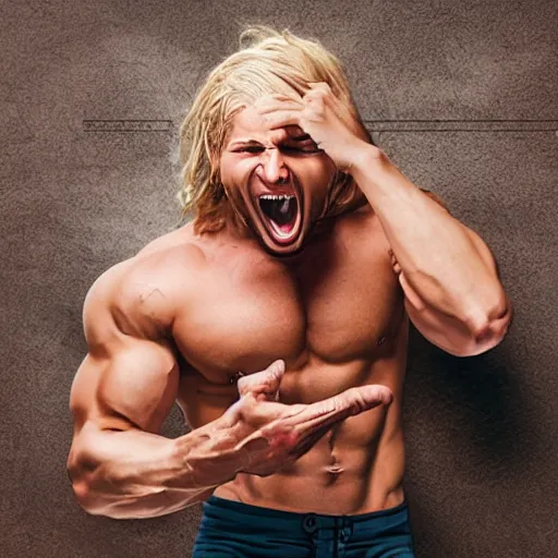 Prompt: A blond, muscular man screaming writes an appointment in his calendar