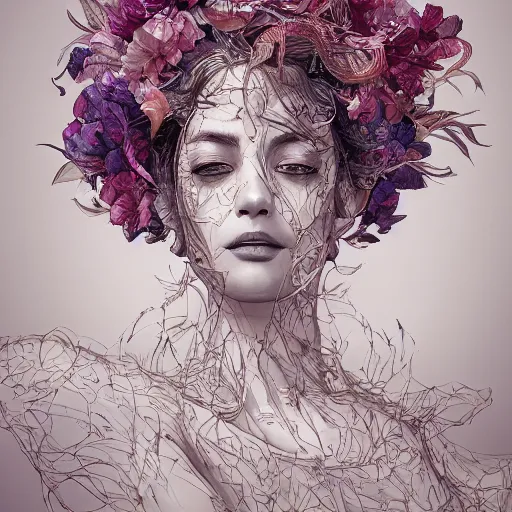 Image similar to the portrait of an absurdly beautiful, graceful, elegant mature woman made of petals looking up, an ultrafine detailed illustration by kim jung gi, irakli nadar, intricate linework, bright colors, octopath traveler, final fantasy, angular, unreal engine 5 highly rendered, global illumination, radiant light, detailed and intricate environment