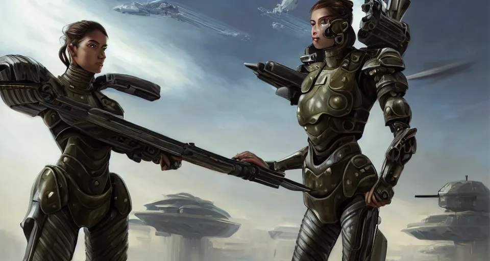 Prompt: a photorealistic painting of an attractive young warrior girl, clothed in stealth-battle armor with a giant sci-fi sniper rifle in her hands, olive skin, long dark hair, beautiful bone structure, symmetrical face, perfect eyes, a futuristic hover-tank with heavy laser-turret in the background, intricate details, elegant, digital painting, illustration, sharp focus, minimal artifacts, from Metal Gear, in the style of Ruan Jia and Mandy Jurgens and Greg Rutkowski, trending on Artstation, award winning, unreal engine, octane render