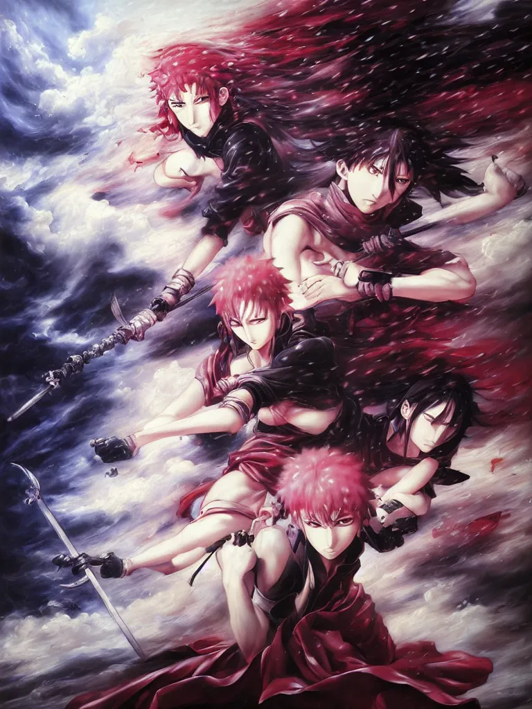 Image similar to baroque oil painting of key visual kunoichi fight, rain, brutalist fantasy, style of makoto shinkai takashi takeuchi yoshiyuki sadamoto, fate stay night