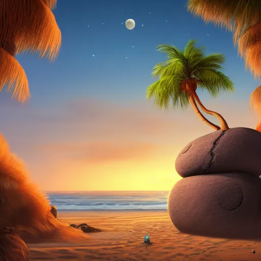 Image similar to A rock with googly eyes, the rock is chilling on the beach, palm trees swaying in the wind, the moon rising on the horizon, stars glistening in the night, hyperdetailed, artstation, cgsociety, 8k