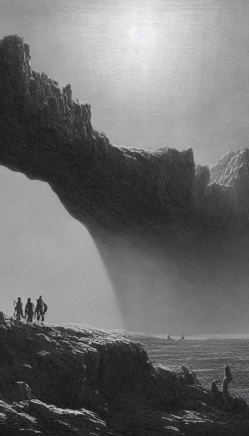 Prompt: Crossing the chasm in alien territory, Gustave Dore, people walking into the horizon, trending on artstation