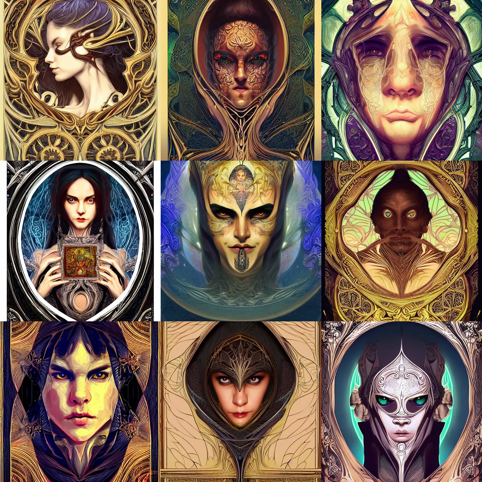 Prompt: head-on symmetrical centered painted portrait, male golbin imp rogue, art nouveau, tarot card, complex fractal doorway background, masterpiece, fantasy, intricate, elegant, highly detailed, smooth, sharp focus, illustration, artstation, in the style of Artgerm and Anna Podedworna and Alex Ross and Mucha