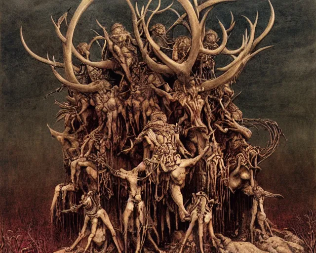 Image similar to Ancient cultic ritual totem made of horns and thorns by Beksinski, Arthur Rackham, Eugene de Blaas, Dariusz Zawadzki, Wayne Barlowe