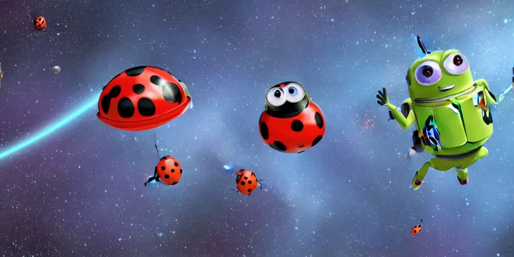 Image similar to a 3 d rendered movie still from a distance of 3 0 m of a ladybug 1 million years from now. the ladybug is sentient, wears tiny spacesuit, and conquered space exploration in a tiny space ship. science fiction blockbuster movie ladybugs rule the world, imax 7 0 mm. buzz lightyear.