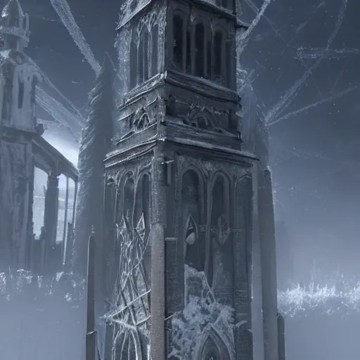 Image similar to Giant gothic underground bell tower covered in frost, frostpunk, anor londo