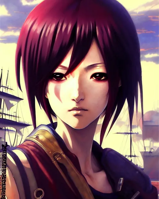 Prompt: portrait Anime Pirate on a ship Sharp fine face, pretty face, realistic shaded Perfect face, fine details. Anime. cyberpunk realistic shaded lighting by katsuhiro otomo ghost-in-the-shell, magali villeneuve, artgerm, rutkowski Jeremy Lipkin and Giuseppe Dangelico Pino and Michael Garmash and Rob Rey