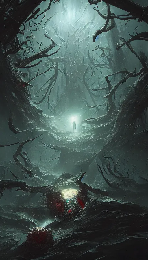 Prompt: astronaut exploring a storm vortex made of many demonic eyes and claws over a forest, by blizzard concept artists