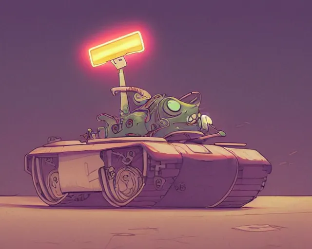 Image similar to a study of cell shaded cartoon of a chibi alien driving a tank on a country road, street lamps, road, illustration, wide shot, subtle colors, post grunge, concept art by josan gonzales and wlop, by james jean, victo ngai, highly detailed, sharp focus, trending on artstation, hq, deviantart, art by artgem