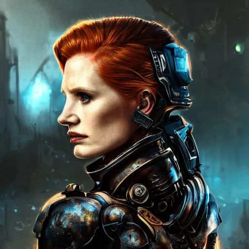 Image similar to jessica chastain portrait, dystopia core, apocalyptic, armor, warrior, dramatic, sharp focus, fiction, neon, fantasy, hyper detailed, digital art, trending in artstation, cinematic lighting, studio quality, smooth render, unreal engine 5 rendered, octane rendered, art style and nixeu and wlop and krenz cushart