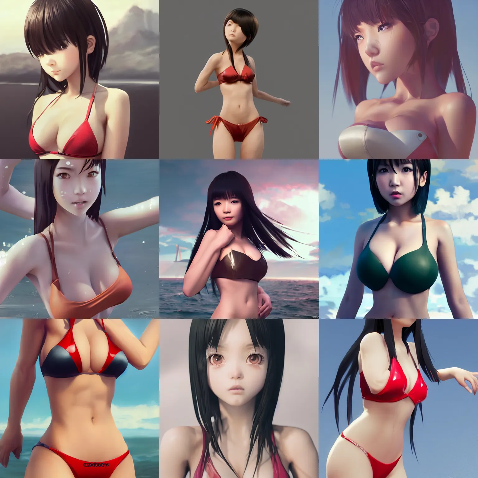 Image similar to clothed, worksafe. cgsociety, by wlop, ilya kuvshinov, krenz cushart, greg rutkowski, trending on artstation. zbrush sculpt, octane, maya, houdini, vfx. close - up face of a cute anime japanese filipino girl wearing latex bikini. cinematic dramatic atmosphere, sharp focus, volumetric lighting.