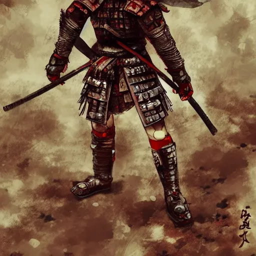 Image similar to bloody samurai standing in a battlefield, trending on artstation, 8k, drawn by yoshitaka amano