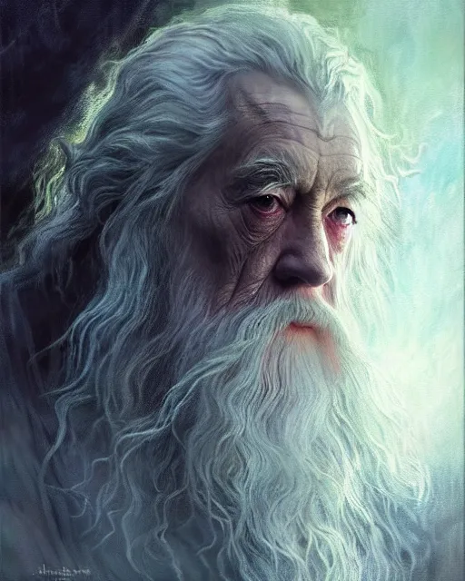 Prompt: close up of gandalf, elegant, ethereal horror fantasy art by jeremy mann and magali villeneuve and claude monet