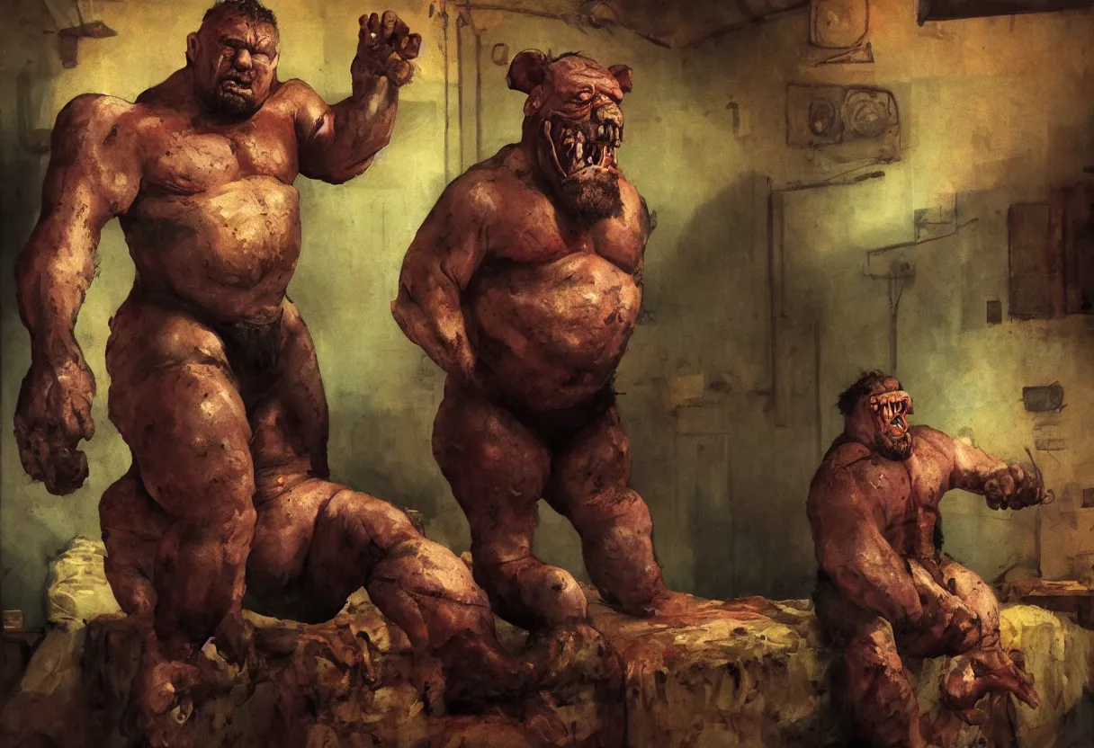 Prompt: portrait of meaty man creature who is a drunk dad, sitting in front of tv, dirty soviet room, colorfully, hyper realism, matte painting, realistic, dramatic lighting, octane render, highly detailed, cinematic lighting, cinematic, volumetric, by rutkowsky, gerald brom, frazetta, rembrandt