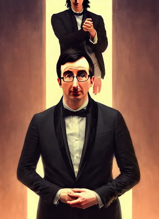 Image similar to painting of both john oliver and adam driver together, john oliver in front, full body, elegant, beautiful, highly detailed, centered, dark, smokey, digital painting, concept art, smooth, sharp focus, illustration, deviant art, art by artgerm, art by greg rutkowski, art by alphonse mucha