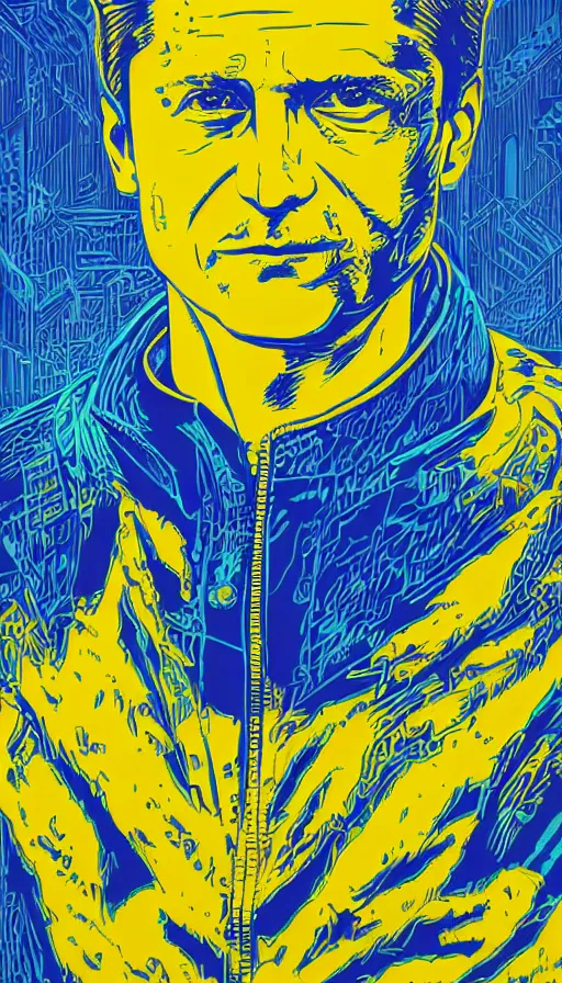 Image similar to zelensky portrait with blue and yellow background by dan mumford, josan gonzalez